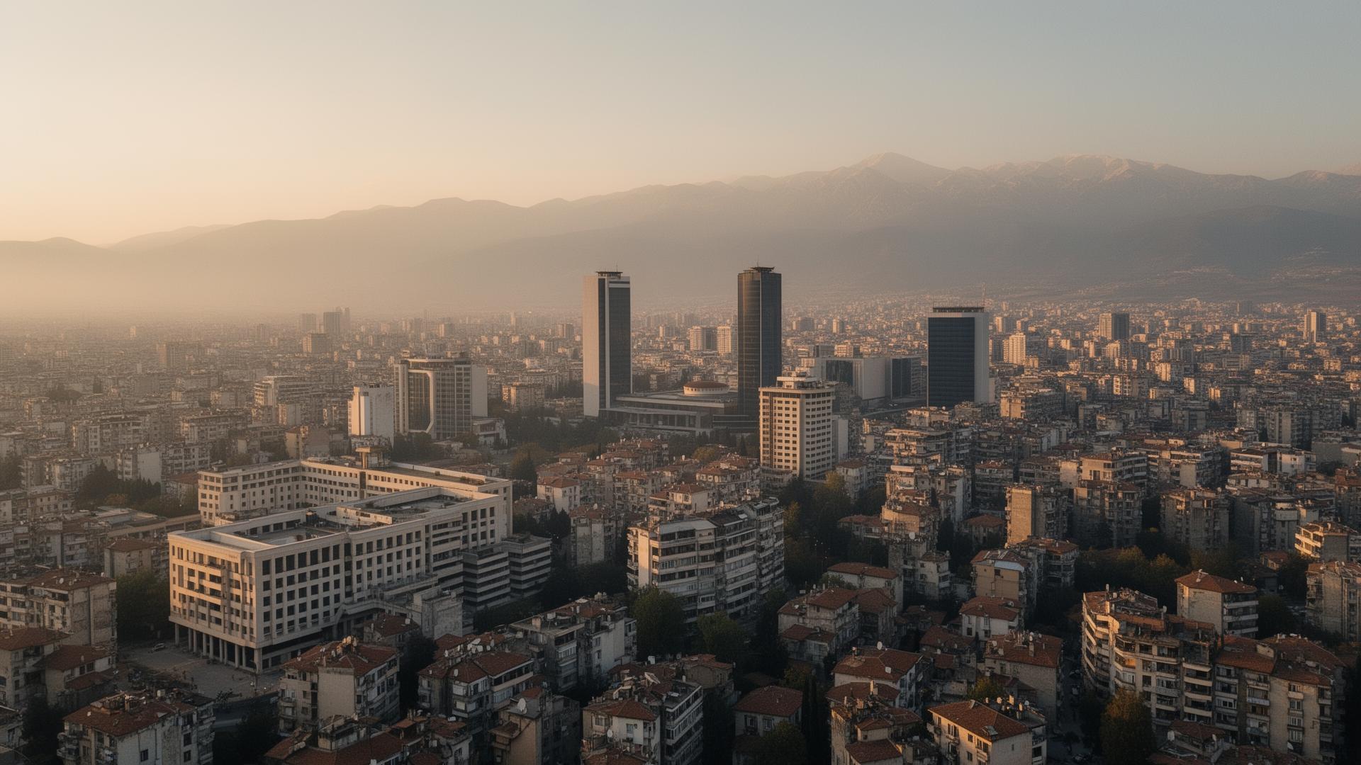 Aerial view of Tirana, Albania at golden hour